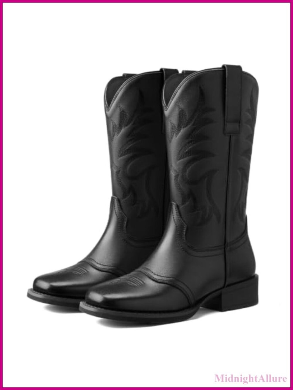 Genuine Leather Cowgirl Boots Square Toe Block Heel Mid Calf Western